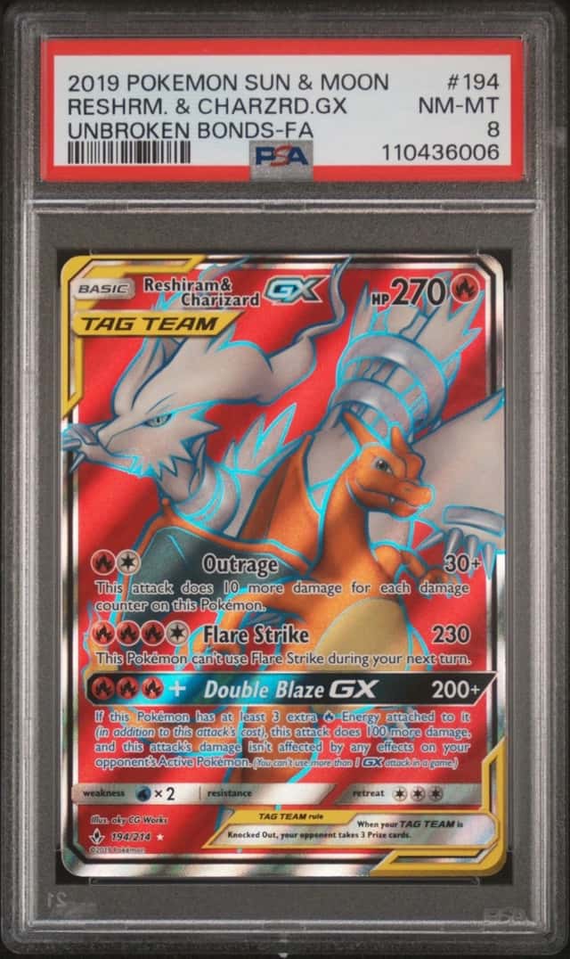 Pokemon Reshiram & Charizard Gx Unbroken Bonds Full Art 194/214 PSA 8