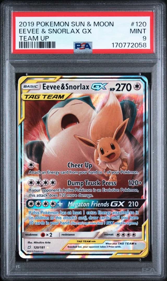 2019 POKEMON SUN & MOON TEAM UP #120 EEVEE & SNORLAX GX PSA 9