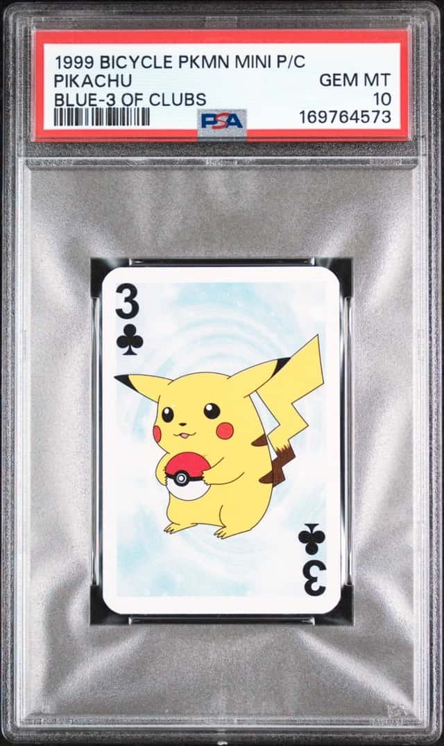 1999 BICYCLE POKEMON MINI PLAYING CARDS BLUE DECK 3 OF CLUBS PIKACHU PSA 10