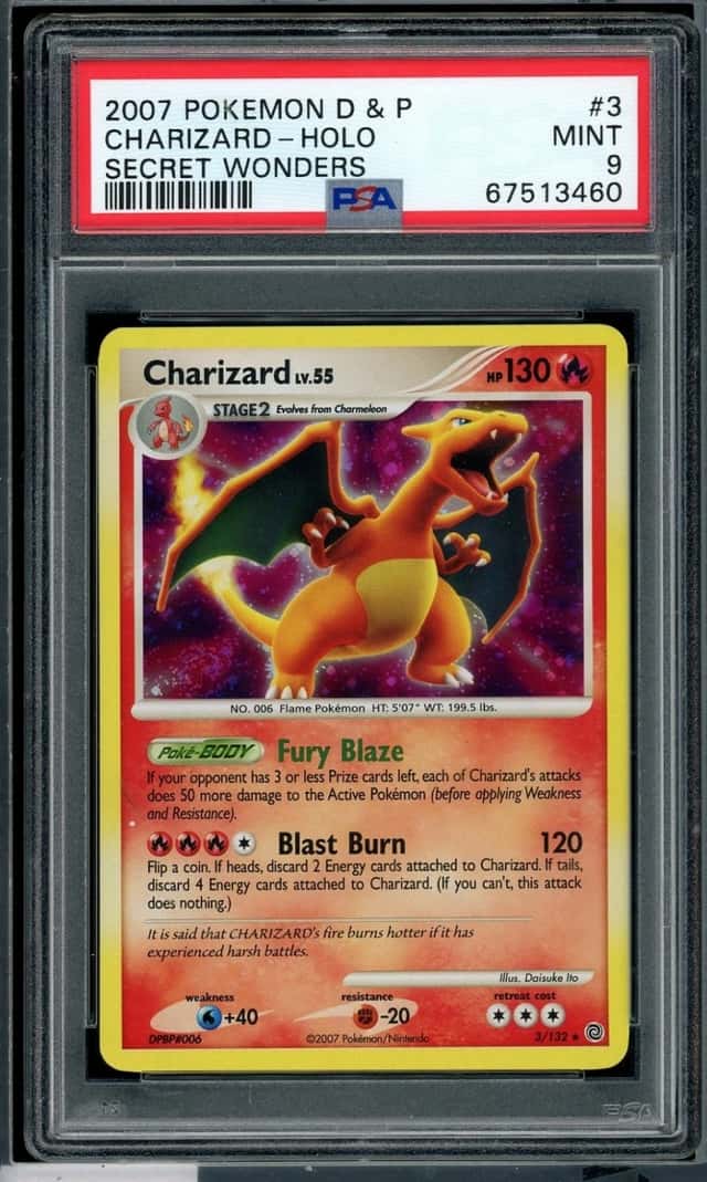 2007 POKEMON CHARIZARD-HOLO DIAMOND & PEARL SECRET WONDERS #3 PSA 9 *SWIRL*