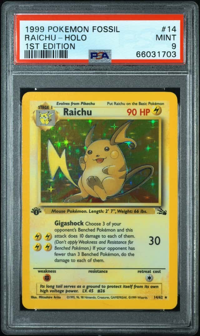 1999 POKEMON FOSSIL #14 RAICHU-HOLO 1ST EDITION PSA 9 MINT