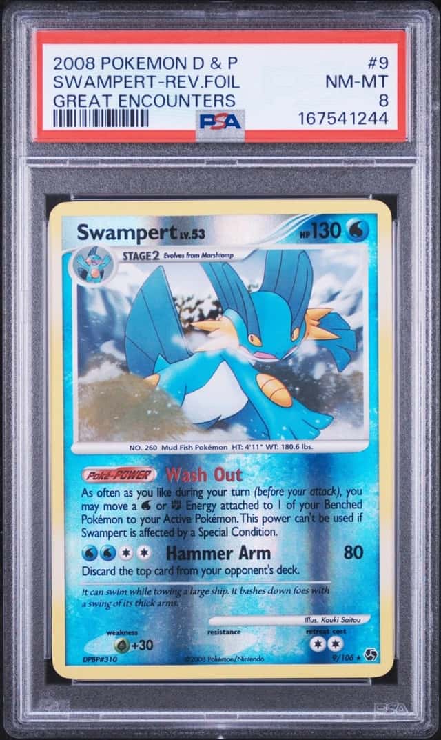 2008 POKEMON DIAMOND & PEARL GREAT ENCOUNTERS #9 SWAMPERT-REVERSE FOIL PSA 8