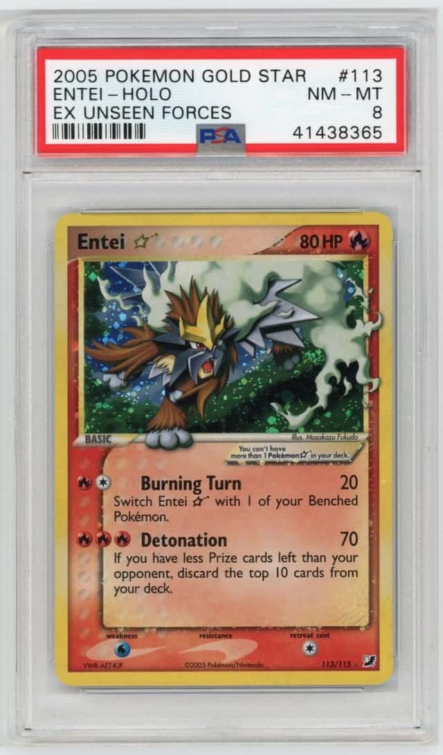 2005 POKEMON EX UNSEEN FORCES #113 ENTEI GOLD STAR-HOLO PSA 8 SWIRL/WHITE ERROR