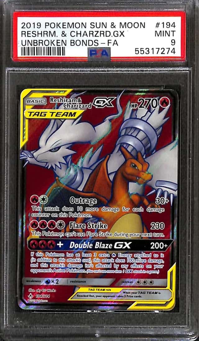 2019 Pokemon Sun & Moon Unbroken Bonds Reshrm. & Charzrd. GX Full Art PSA 9 #194