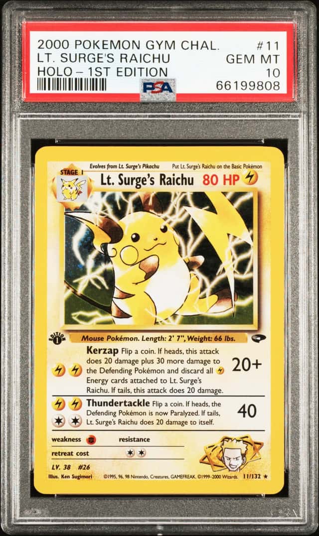 2000 Pokemon Gym Challenge 1st Edition Holo Lt. Surge's Raichu #11 PSA 10 GEM MINT
