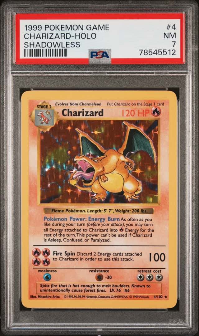 1999 POKEMON BASE SET SHADOWLESS #4 CHARIZARD-HOLO PSA 7