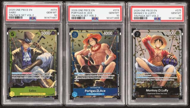 Lot (3) 2026 One Piece Tin Pack Vol.2 Alt Art Sabo Portgas D. Ace Monkey D. Luffy PSA 10 GEM
