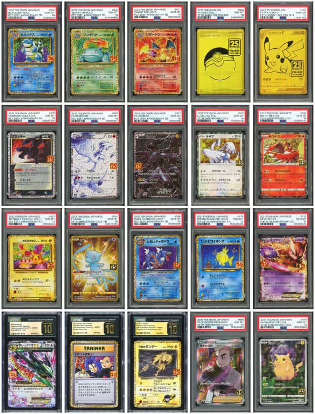 PTCG 宝可梦 17张PSA10&3张CGC黑金10 25周年系列&25周年黄金纪念箱  (15888编号月亮伊布&166编号喷火龙&9977编号金梦幻&678连号FOIL反闪金银洛奇亚和凤王&987、988连号黑白龙&999编号超梦&168520编号 FOIL反闪皮卡丘&CGC黑金10烈空坐) 2021  日文
