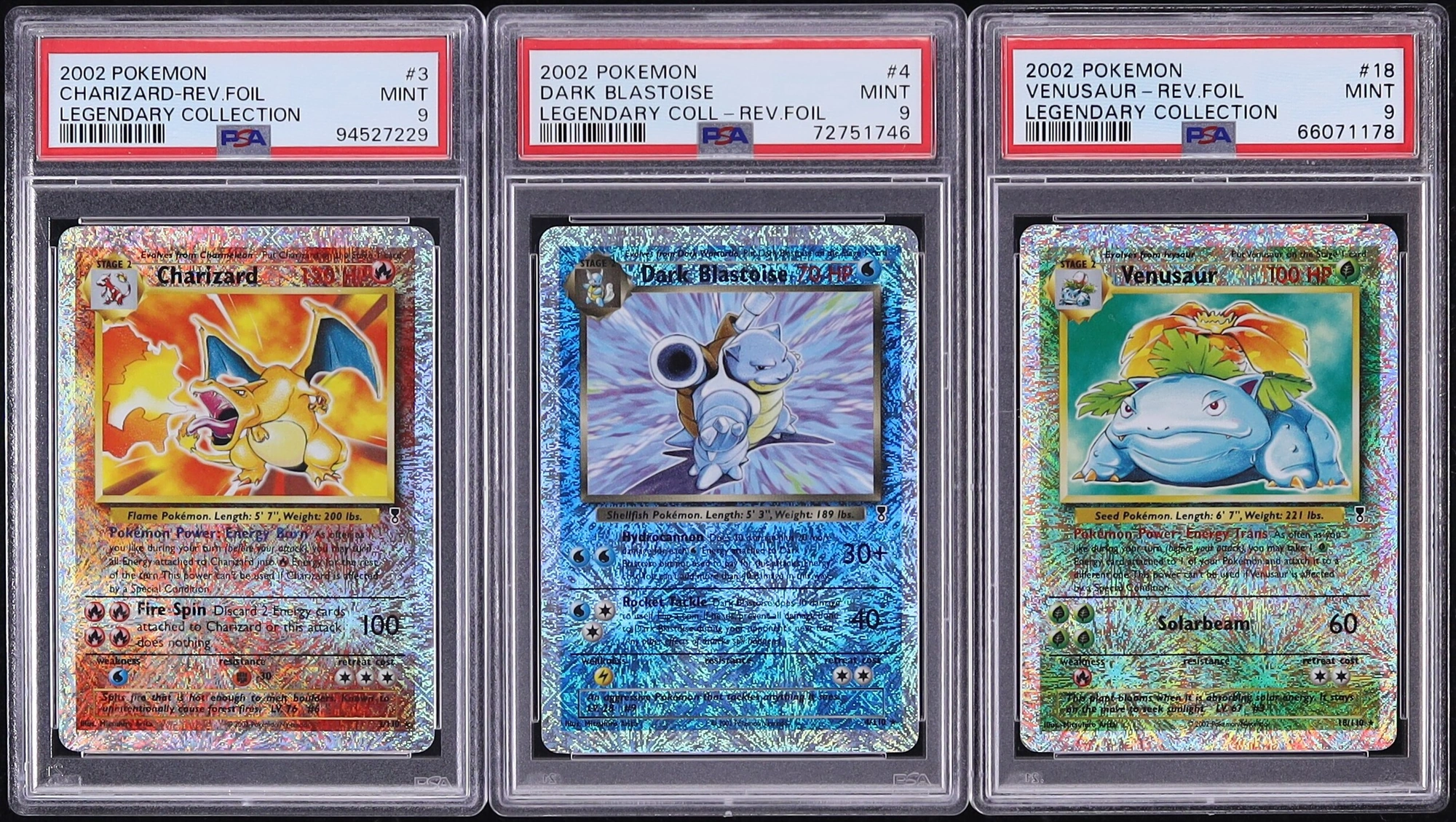 Lot (3) 2002 Pokemon Legendary Reverse Holo Charizard Dark Blastoise Venusaur PSA 9 MINT ALL